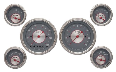 Classic Instruments Silver Series Gauge Sets SS01SLF Set, Series, Analog, Electronic, Gray Face, Red Pointer, Polished Bezel, Set