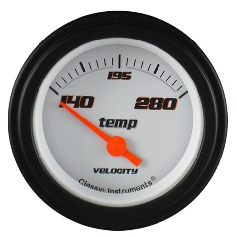 Classic Instruments Velocity Series Gauges VS26WBLF Gauge, Series, Analog, Water Temperature, 140-280 degrees F, 2 1/8 in., White Face, Electrical, Each