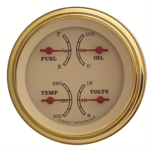 Classic Instruments Vintage Series Gauge Sets VT76GLF Gauge, Series, Quad, Water Temperature, Oil Pressure, Fuel Level, 3 3/8 in., Cream Face, Analog, Each