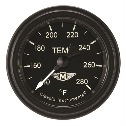 Classic Instruments Moal Bomber Series Gauges MA126BLF-08 Gauge, Analog, Series, Water Temp, 140-280 Degrees F, 2 1/8 in. Diameter, Black Face, Full Sweep, Each