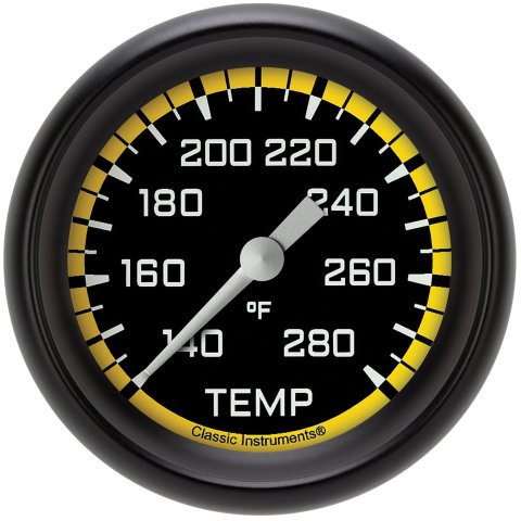 Classic Instruments Auto Cross Yellow Series Gauges AX326YBPF-06 Gauges, Series, Water Temperature, 140-280 degrees F, Analog, Electrical, 2 5/8 in., Black Face, White Numbers, Each