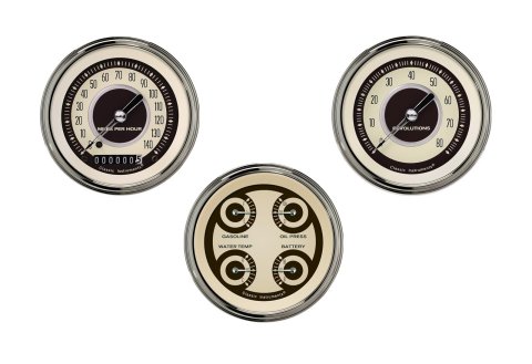 Classic Instruments Nostalgia VT Series Gauge Sets NT03SLC Gauges, Series, 3 3/8 in., Speedometer, Tachometer, Water Temp, Oil Pressure, Voltmeter, Fuel Level, Stainless Low-Step, Curved Lens, Kit