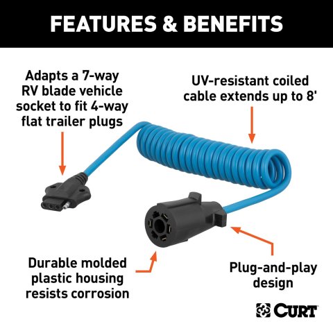 CURT Trailer Harness Adapters 57280 Vehicle Towing Adapter, Adapter, 7-Way RV Blade to 4-Way Flat, 8 ft. Cable, Universal, Each
