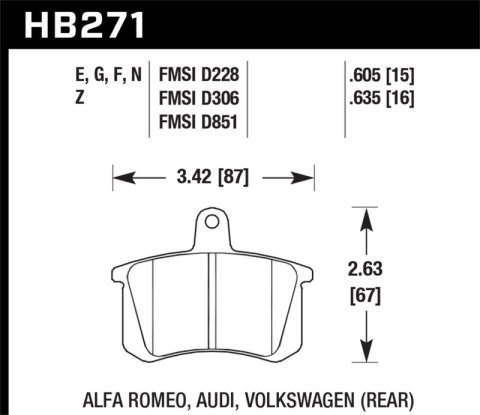Hawk Performance HP Plus Brake Pads HB271N.635 Pads, Plus, Rear, Audi, Volkswagen, Passenger Car, Set