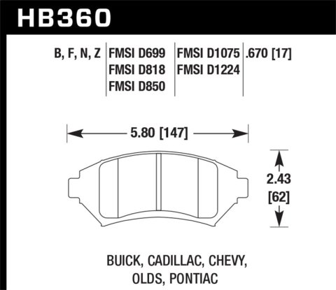 Hawk Performance HPS Brake Pads HB360F.670 Pads, HPS, Front, Buick, Cadillac, Chevy, Oldsmobile, Pontiac, Saturn, Set