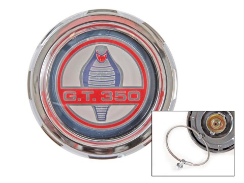 Scott Drake Fuel Tank Caps S2MS-9030-A Cap, Pop-open, Aluminum, Chrome/Red, GT 350 Logo, Ford, Each
