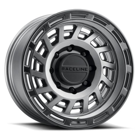 Raceline Wheels 957GB Halo Gunmetal with Black Ring 18x9 Wheel, Halo, Aluminum, Ring, Satin, 18 in. x 9 in., 6 x 5.5 in./139.7mm Bolt Circle, 4.530 in. Backspace, Each