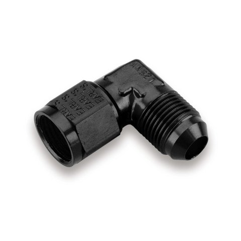 Earl's Performance Couplers AT921103ERL Fitting, Coupler, Union, AN to AN, 90 Degree, Aluminum, Black Anodized, -3 AN, -3 AN, Swivel, Each
