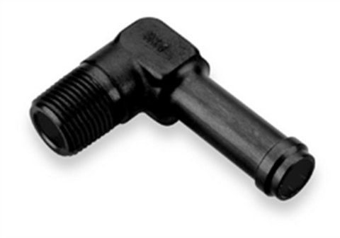Earl's Performance Hose Barb to Pipe Thread Adapters AT984206ERL Fitting, Adapter, NPT Barb, 90 Degree, Aluminum, Black Anodized, 1/4 in. NPT, 3/8 in. Barb, Each