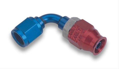 Earl's Performance Speed-Seal Hose Ends 609236ERL Fitting, End, Speed-Seal, 90 Degree, -6 AN Hose, -6 AN Female, Aluminum, Red/Blue Anodized, Each
