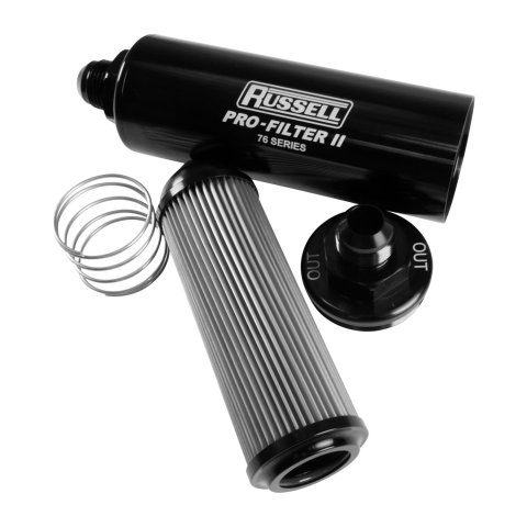 Russell ProFilter 2 100 Microns Fuel Filter with -16 AN Inlet Size 761610 Filter, Pro-Filter 2, 76 Series, Male In/Out, Microns, 9.75 in. Length, Aluminum, Black, Each