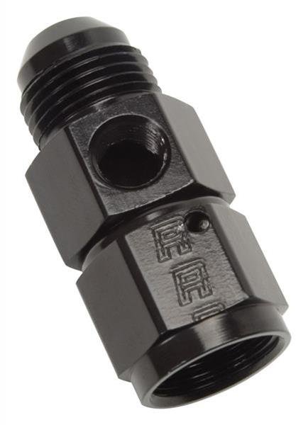Russell Fuel Pressure Take-Off Fittings 670293 Fitting, Take Off, -4 AN Male to -4 AN Female, 1/8 in. NPT Gauge Port, Aluminum, Black, Each