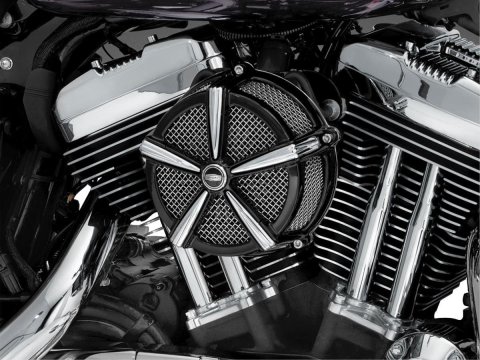 Kuryakyn Mach 2 Air Filter Assemblies 9549 Assemblies, Round, 5-Spoke Design, Steel, Chrome, Black powder Coat, Red Filter, Each