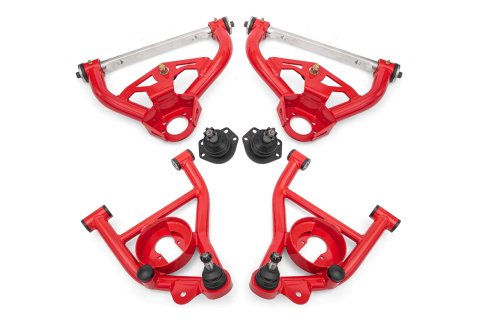 BMR Suspension A-Arms AAK461R Control Arms, Tubular, Front Upper, Front Lower, Standard Ball Joint, Steel, Red Powdercoated, Buick, Chevy, Oldsmobile, Pontiac, Kit