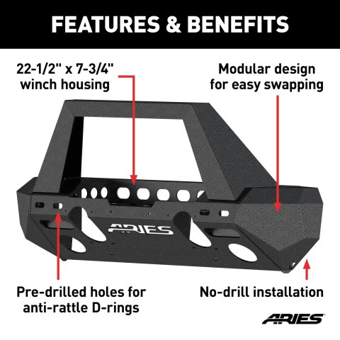 Aries Automotive TrailChaser Front Bumper with Corner and Brush Guards for 2020-2025 GLADIATOR, 2018-2025 WRANGLER - 2082093 Bumpers, Fabricated, Aluminum, Black Powdercoated, Textured, Front, Center Section, Guards, Guard, Jeep, Kit