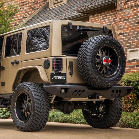 Aries Automotive TrailChaser Rear Bumper with Corner Guards and LEDs for 2007-2017 WRANGLER, 2018 WRANGLER JK - 2082061 Bumpers, Fabricated, Aluminum, Black Powdercoated, Textured, Rear, Center Section, Guards, Jeep, Kit