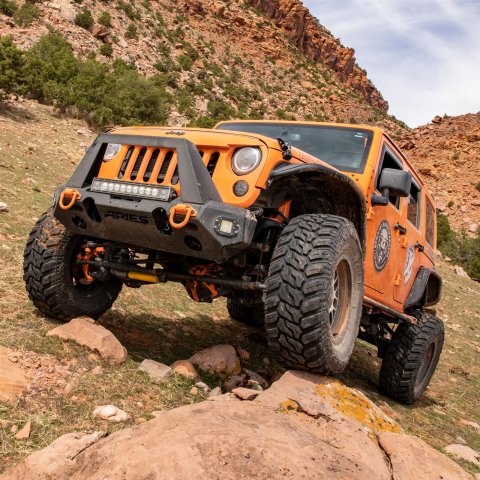 Aries Automotive TrailChaser Front Bumper with Corner and Brush Guards for 2007-2017 WRANGLER, 2018 WRANGLER JK - 2082043 Bumpers, Fabricated, Steel, Black Powdercoated, Textured, Front, Center Section, Guards, Guard, Jeep, Kit