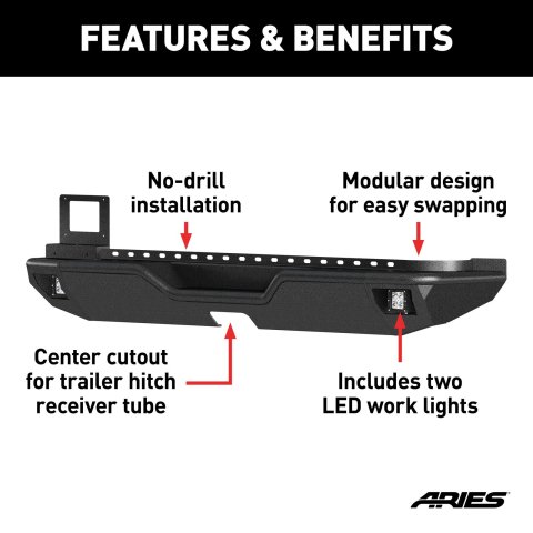 Aries Automotive TrailChaser Rear Bumper with Corner Guards and LEDs for 2018-2025 WRANGLER - 2082081 Bumpers, Fabricated, Steel, Black Powdercoated, Textured, Rear, Center Section, Guards, Jeep, Kit