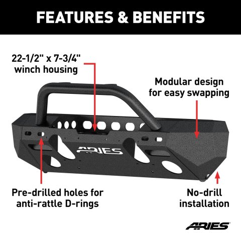 Aries Automotive TrailChaser Front Bumper with Corner and Brush Guards for 2020-2024 GLADIATOR, 2018-2024 WRANGLER - 2082092 Bumpers, Fabricated, Aluminum, Black Powdercoated, Textured, Front, Center Section, Guards, Guard, Jeep, Kit