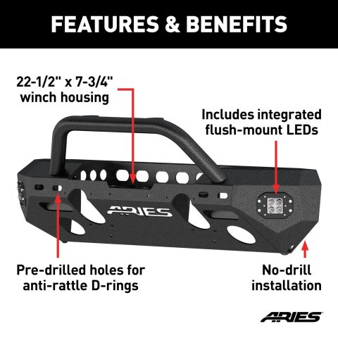 Aries Automotive TrailChaser Front Bumper with Corner and Brush Guards for 2020-2025 GLADIATOR, 2018-2025 WRANGLER - 2082094 Bumpers, Fabricated, Aluminum, Black Powdercoated, Textured, Front, Center Section, Guards, Guard, Jeep, Kit