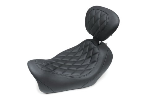 Mustang Motorcycle Seats Powersports 79799 14-17 Harley Fat Bob Wide Tripper Solo Seat w/Driver Backrest Diamond Stitch - Black