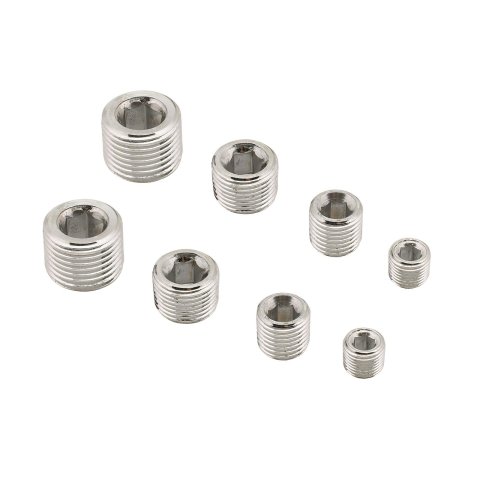 Mr. Gasket Aluminum Pipe Plugs 6352G Plugs, Steel, Chrome, NPT , Set of 8