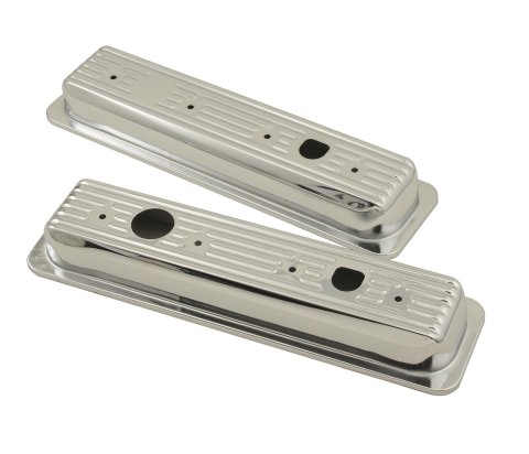 Mr. Gasket Chrome Valve Cover Caps 9847 Caps, Stock Height, Steel, Chrome, Plain, Chevy, Small Block, Pair