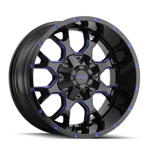 Mayhem Warrior 8015 Series Gloss Black With Prism Blue Wheels 17x9 MAYHEM WARRIOR BLACK W/ PRISM BLUE 17X9 5-127/5-139.7 -12MM 87MM