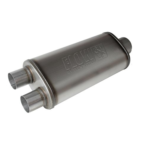 Flowmaster FlowFX 409 Stainless Steel 3.5 Inch Muffler 72587 Muffler, FlowFX, Steel, Natural, Oval, 3.50 in. Center Inlet, 2.50 in. Dual Outlets, 18.00 in. Case Length, Ford, GMC, Ram, Each