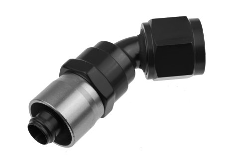 Redhorse Performance 7000 Series Crimp Style Hose End Fittings 7045-12-2 Ends, Series, Style, -12 AN Female Threads, Socketless barb, 45 degree, -12 AN Hose, Aluminum, Black Anodized, Each