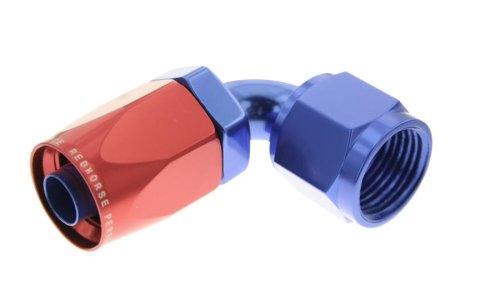 Redhorse Performance 6000 Series Non-Swivel Seal Hose Ends 6090-06-1 Ends, Series, Seal, -6 AN Female Threads, Reusable non-swivel, 90 degree, -6 AN Hose, Aluminum, Red/Blue Anodized, Each
