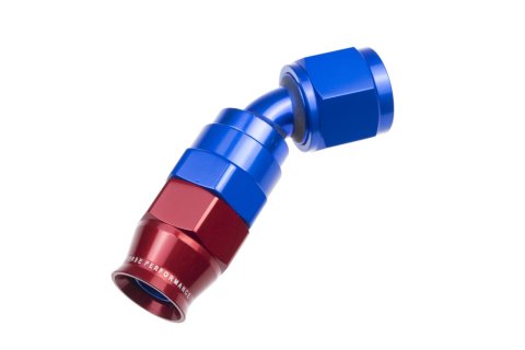 Redhorse Performance 1200 Series Reuseable PTFE Hose Ends 1245-06-1 Ends, Series, Reuseable, PTFE, -6 AN Female Threads, Reusable swivel, 45 degree, -6 AN Hose, Aluminum, Red/Blue Anodized, Each