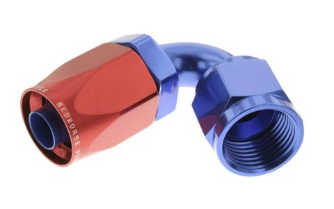 Redhorse Performance 6000 Series Non-Swivel Seal Hose Ends 6120-12-1 Ends, Series, Seal, -12 AN Female Threads, Reusable non-swivel, 120 degree, -12 AN Hose, Aluminum, Red/Blue Anodized, Each