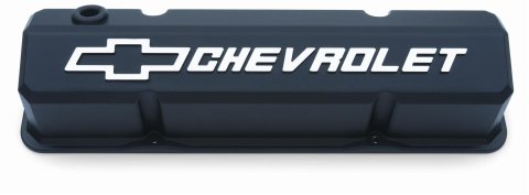 Proform GM Licensed Slant Edge Valve Covers 141-921 Covers, Cast Aluminum, Black Powdercoat, Tall, Chevrolet, Bowtie Emblem, Chevy, Small Block, Pair