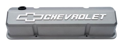 Proform GM Licensed Slant Edge Valve Covers 141-925 Covers, Aluminum, Gray Crinkle, Tall, Chevrolet, Bowtie Emblem, Chevy, Small Block, Pair