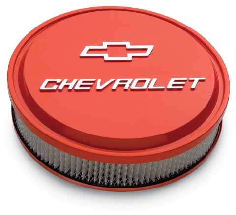 Proform GM Licensed Chevrolet Slant-Edge Air Cleaners 141-831 Cleaners, Slant-Edge, Round, Dropped Base, Orange Powdercoat, Logo Top, 14 in. Diameter, 3 in. Filter Height, Each
