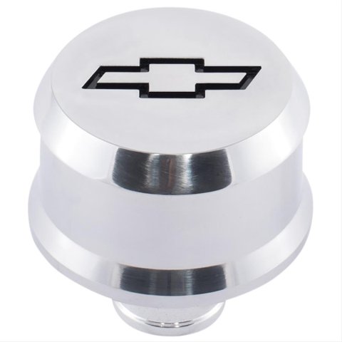 Proform Slant Edge Aluminum Breather Caps 141-854 Valve Cover Breather, Aluminum, Push-in, Round, Polished, Black Bowtie Emblem, 2.500 in. Diameter, 1.220 in. Hole Size, Each