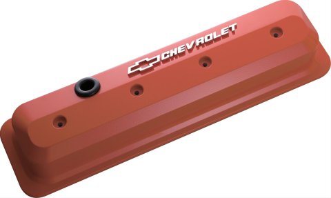 Proform GM Licensed Slant Edge Valve Covers 141-841 Cover, Cast Aluminum, Orange Powdercoated, Raised Chevrolet Logo, Chevy, Small Block, Pair