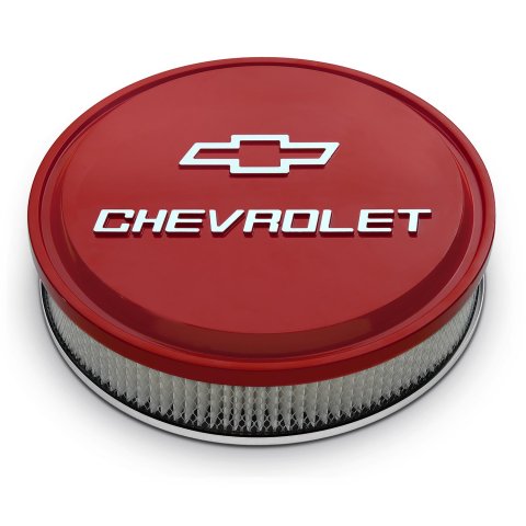 Proform GM Licensed Chevrolet Slant-Edge Air Cleaners 141-836 Cleaner, Red Powdercoated, Aluminum, Logo,14.00 in. Diameter, Dropped 1.00 in., Each