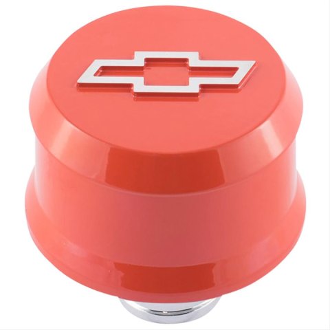 Proform Slant Edge Aluminum Breather Caps 141-859 Valve Cover Breather, Aluminum, Push-in, Round, Chevy Orange, Bowtie Emblem, 2.500 in. Diameter, 1.220 in. Hole Size, Each