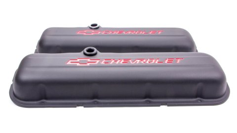 Proform Stamped Steel Chevrolet Valve Covers 141-810 Covers, Short, With Baffle, Steel, Black Wrinkle, Red Logo, Chevy, Big Block, Pair