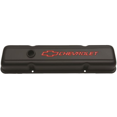 Proform Stamped Steel Chevrolet Valve Covers 141-750 Covers, Stock Height, Steel, Black Wrinkle, Logo, Chevy, Small Block, Pair