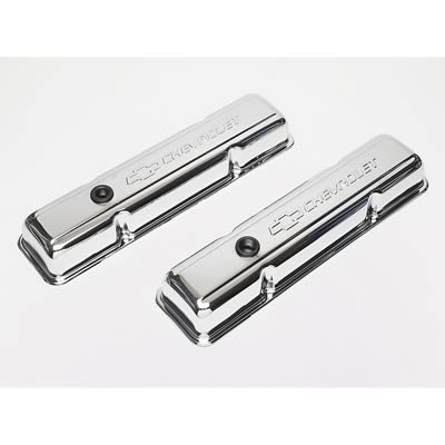 Proform Stamped Steel Chevrolet Valve Covers 141-102 Covers, Stock Height, Steel, Chrome, Logo, Chevy, Small Block, Pair