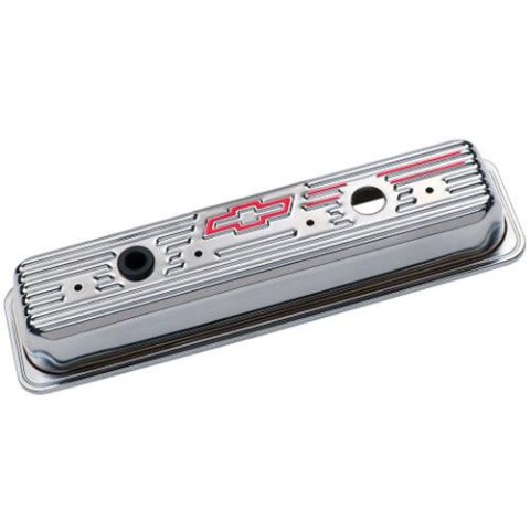 Proform Stamped Steel Chevrolet Valve Covers 141-107 Covers, Stock Height, Steel, Chrome, Bowtie Emblem, Centerbolt, Chevy, Small Block, Pair