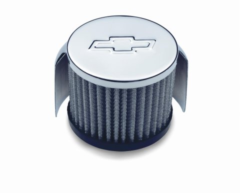 Proform Air Breather Caps for Chevrolet 141-621 Valve Cover Breather, Push-In, Round, Steel, Chrome, Bowtie Emblem, Each