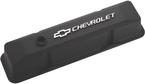 Proform GM Licensed Diecast Aluminum Chevrolet Valve Covers 141-119 Covers, Tall, Die-Cast Aluminum, Black Wrinkle, Bowtie Emblem, Chevy, Small Block, Pair