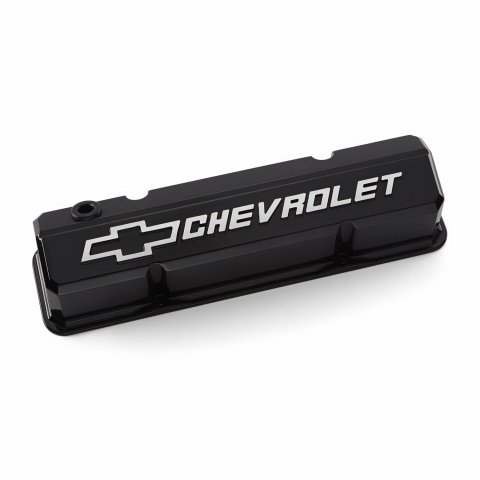 Proform GM Licensed Slant Edge Valve Covers 141-919 Covers, Cast Aluminum, Black Powdercoat, Tall, Chevrolet, Bowtie Emblem, Chevy, Small Block, Pair