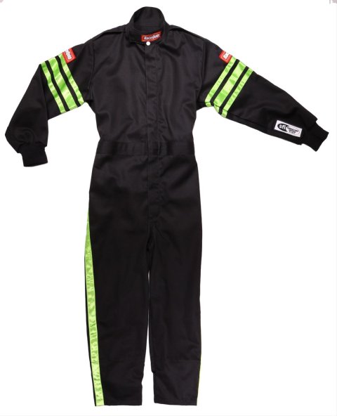 RaceQuip SFI-1 Pro-1 Single Layer Kids Suits 1950797RQP Driving Suit, One-Layer, 1-Piece Design, Black/Green Stripe, Youth 2X-Large, Each