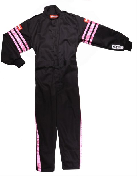 RaceQuip SFI-1 Pro-1 Single Layer Kids Suits 1950896RQP Driving Suits, Suits, One-piece, Pyrovatex, Black with Pink Stripe, SFI 3.2A/1, Youth X-Large, Each
