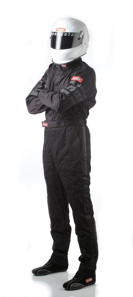 RaceQuip 110 Series Pyrovatex SFI-1 Suits 110002RQP Suit, 110, Men's Small, Single Layer, One-piece, SFI 3.2A/1, Black with Black Stripe, Each
